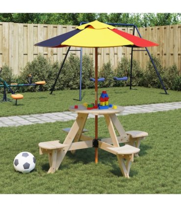 vidaXL Picnic Table for 4 Kids with Umbrella Round Solid Wood Fir