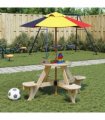 vidaXL Picnic Table for 4 Kids with Umbrella Round Solid Wood Fir