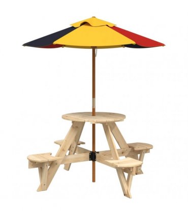vidaXL Picnic Table for 4 Kids with Umbrella Round Solid Wood Fir
