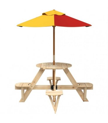 vidaXL Picnic Table for 4 Kids with Umbrella Round Solid Wood Fir
