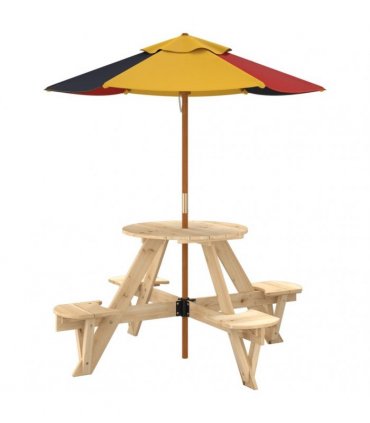 vidaXL Picnic Table for 4 Kids with Umbrella Round Solid Wood Fir