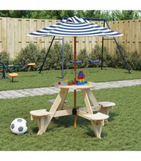 vidaXL Picnic Table for 4 Kids with Umbrella Round Solid Wood Fir