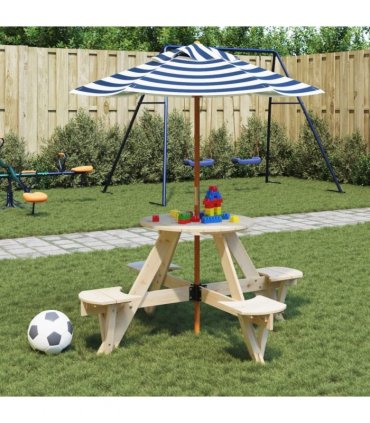 vidaXL Picnic Table for 4 Kids with Umbrella Round Solid Wood Fir