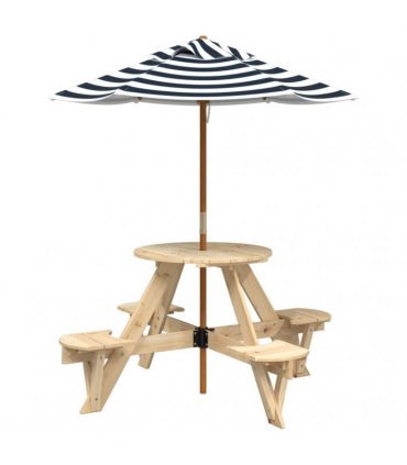 vidaXL Picnic Table for 4 Kids with Umbrella Round Solid Wood Fir