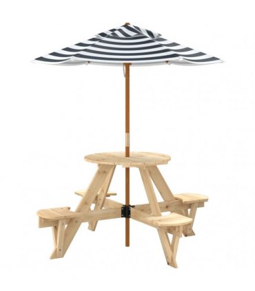 vidaXL Picnic Table for 4 Kids with Umbrella Round Solid Wood Fir