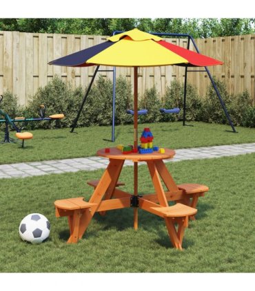 vidaXL Picnic Table for 4 Kids with Umbrella Round Solid Wood Fir