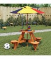 vidaXL Picnic Table for 4 Kids with Umbrella Round Solid Wood Fir