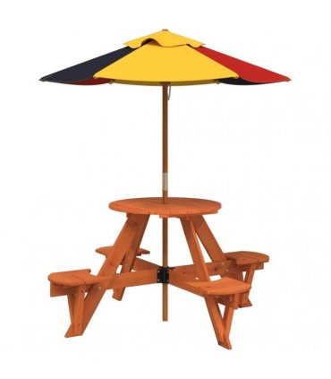 vidaXL Picnic Table for 4 Kids with Umbrella Round Solid Wood Fir