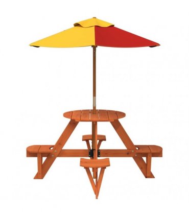 vidaXL Picnic Table for 4 Kids with Umbrella Round Solid Wood Fir