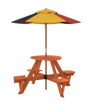 vidaXL Picnic Table for 4 Kids with Umbrella Round Solid Wood Fir