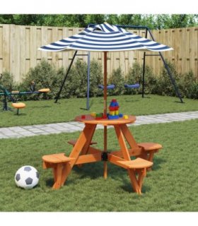 vidaXL Picnic Table for 4 Kids with Umbrella Round Solid Wood Fir