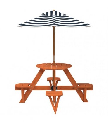 vidaXL Picnic Table for 4 Kids with Umbrella Round Solid Wood Fir