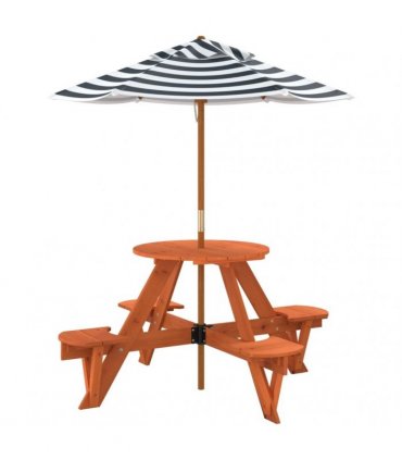vidaXL Picnic Table for 4 Kids with Umbrella Round Solid Wood Fir