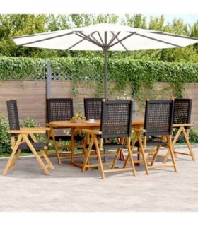 vidaXL 7 Piece Garden Dining Set Black Poly Rattan and Solid Wood