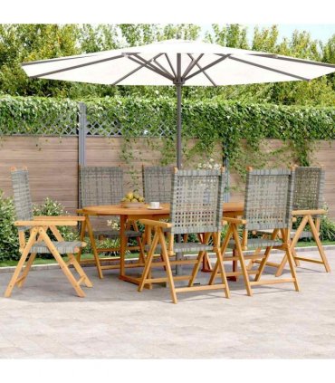 vidaXL 7 Piece Garden Dining Set Grey Poly Rattan and Solid Wood