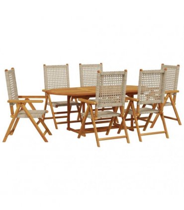 vidaXL 7 Piece Garden Dining Set Beige Poly Rattan and Solid Wood
