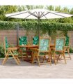 vidaXL 7 Piece Garden Dining Set Leaf Pattern Fabric and Solid Wood