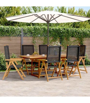 vidaXL 7 Piece Garden Dining Set Black Poly Rattan and Solid Wood