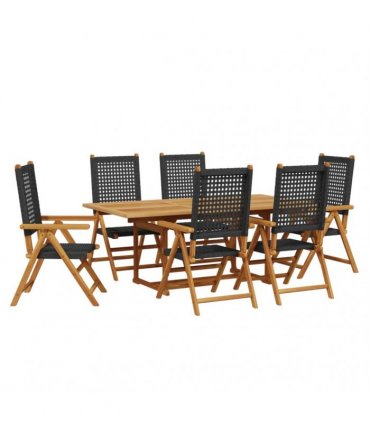 vidaXL 7 Piece Garden Dining Set Black Poly Rattan and Solid Wood
