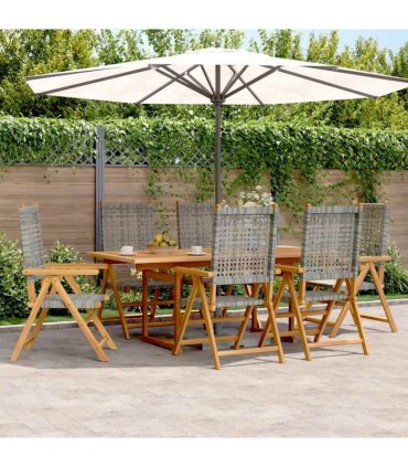 vidaXL 7 Piece Garden Dining Set Grey Poly Rattan and Solid Wood