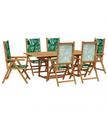 vidaXL 7 Piece Garden Dining Set Leaf Pattern Fabric and Solid Wood