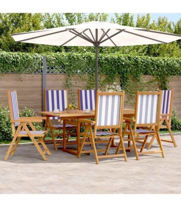 vidaXL 7 Piece Garden Dining Set Blue and White Fabric and Solid Wood