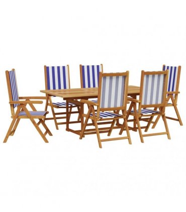 vidaXL 7 Piece Garden Dining Set Blue and White Fabric and Solid Wood