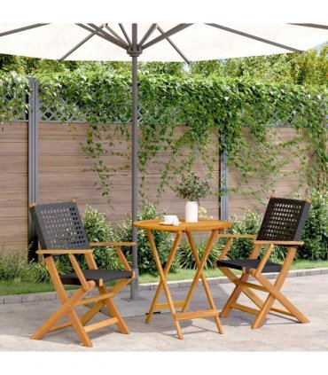 vidaXL 3 Piece Bistro Set Black Poly Rattan and Solid Wood