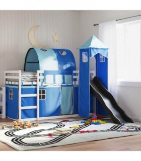 vidaXL Bunk Bed without Mattress with Slide and Curtains Blue 90x200cm