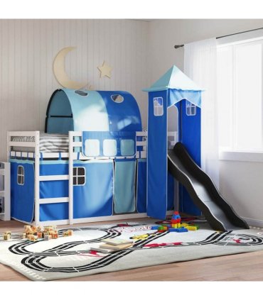 vidaXL Bunk Bed without Mattress with Slide and Curtains Blue 90x200cm