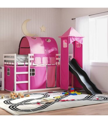 vidaXL Bunk Bed without Mattress with Slide and Curtains Pink 90x200cm