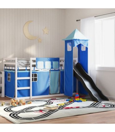 vidaXL Bunk Bed without Mattress with Slide and Curtains Blue 90x200cm