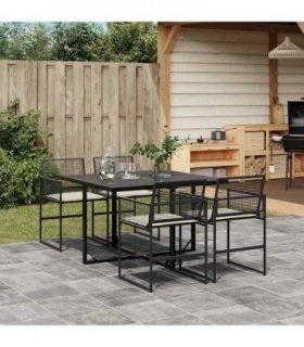 vidaXL 5 Piece Garden Dining Set with Cushions Black Poly Rattan