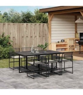 vidaXL 7 Piece Garden Dining Set with Cushions Black Poly Rattan