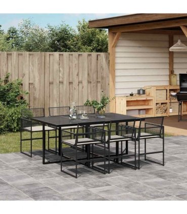 vidaXL 7 Piece Garden Dining Set with Cushions Black Poly Rattan