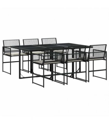 vidaXL 7 Piece Garden Dining Set with Cushions Black Poly Rattan
