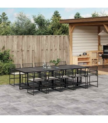 vidaXL 11 Piece Garden Dining Set with Cushions Black Poly Rattan