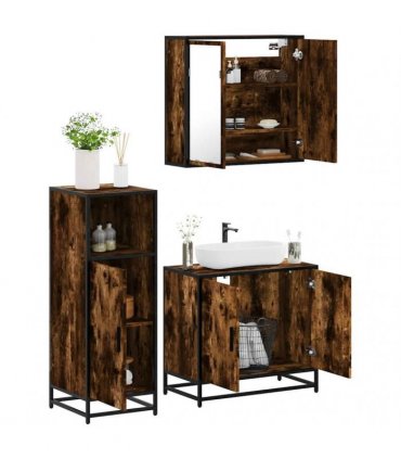 vidaXL 3 Piece Bathroom Furniture Set Smoked Oak Engineered Wood