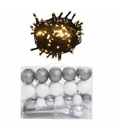 vidaXL 60 Piece Christmas Ball Set with Peak and 150 LEDs White&Grey