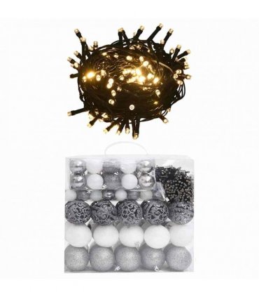 vidaXL 120 Piece Christmas Ball Set with Peak and 300 LEDs White&Gey