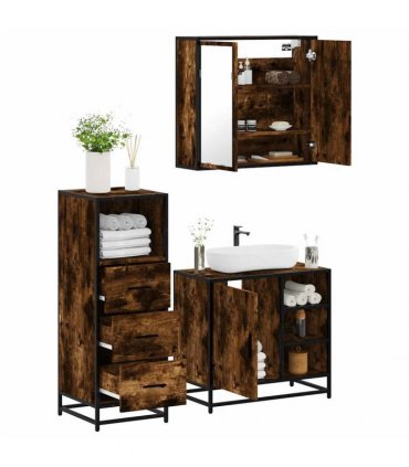 vidaXL 3 Piece Bathroom Furniture Set Smoked Oak Engineered Wood