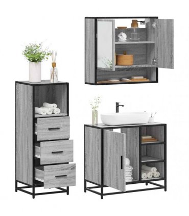 vidaXL 3 Piece Bathroom Furniture Set Grey Sonoma Engineered Wood