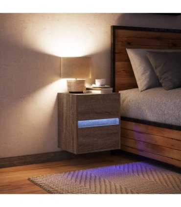 vidaXL Wall-mounted Bedside Cabinet with LED Lights Brown Oak
