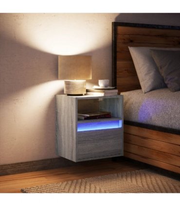 vidaXL Wall-mounted Bedside Cabinet with LED Lights Grey Sonoma