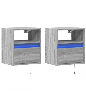 vidaXL Wall-mounted Bedside Cabinets with LED Lights 2 pcs Grey Sonoma