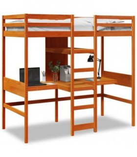 vidaXL Loft Bed Frame with Desk&Shelves Wax Brown 90x200cm