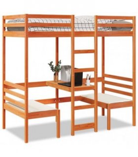 vidaXL Loft Bed Frame with Desk&Chairs Wax Brown 90x200cm