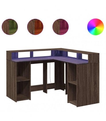 vidaXL Desk with LED Lights Brown Oak 130x130x91 cm Engineered Wood