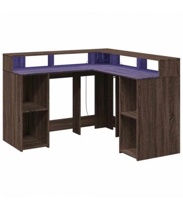 vidaXL Desk with LED Lights Brown Oak 130x130x91 cm Engineered Wood