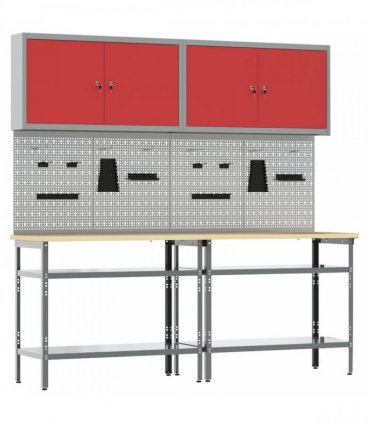 vidaXL Work Bench Set 8 pcs Red and Grey 200 x 55 x 200 cm Steel